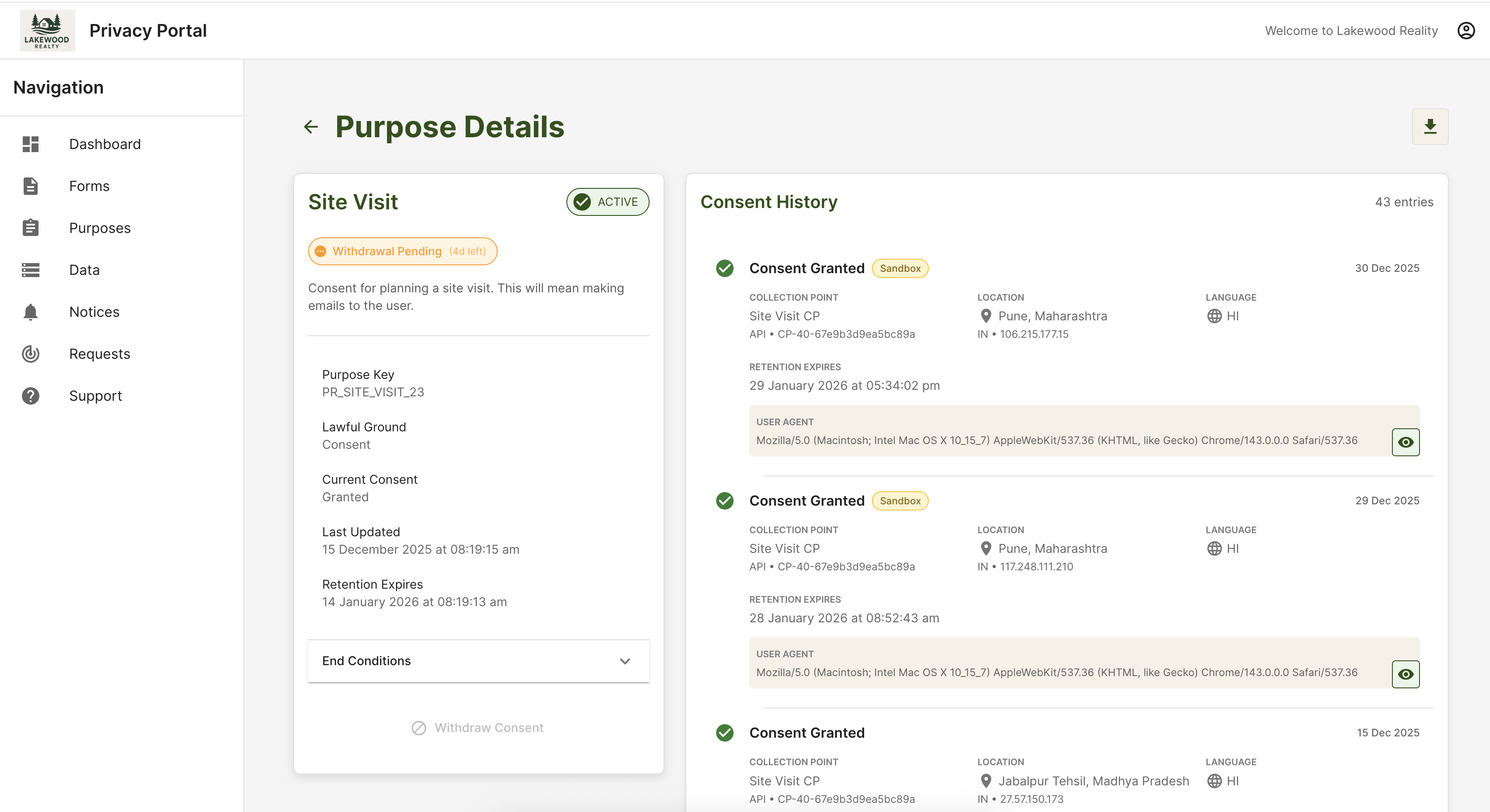 Client-facing data principal portal with consent history