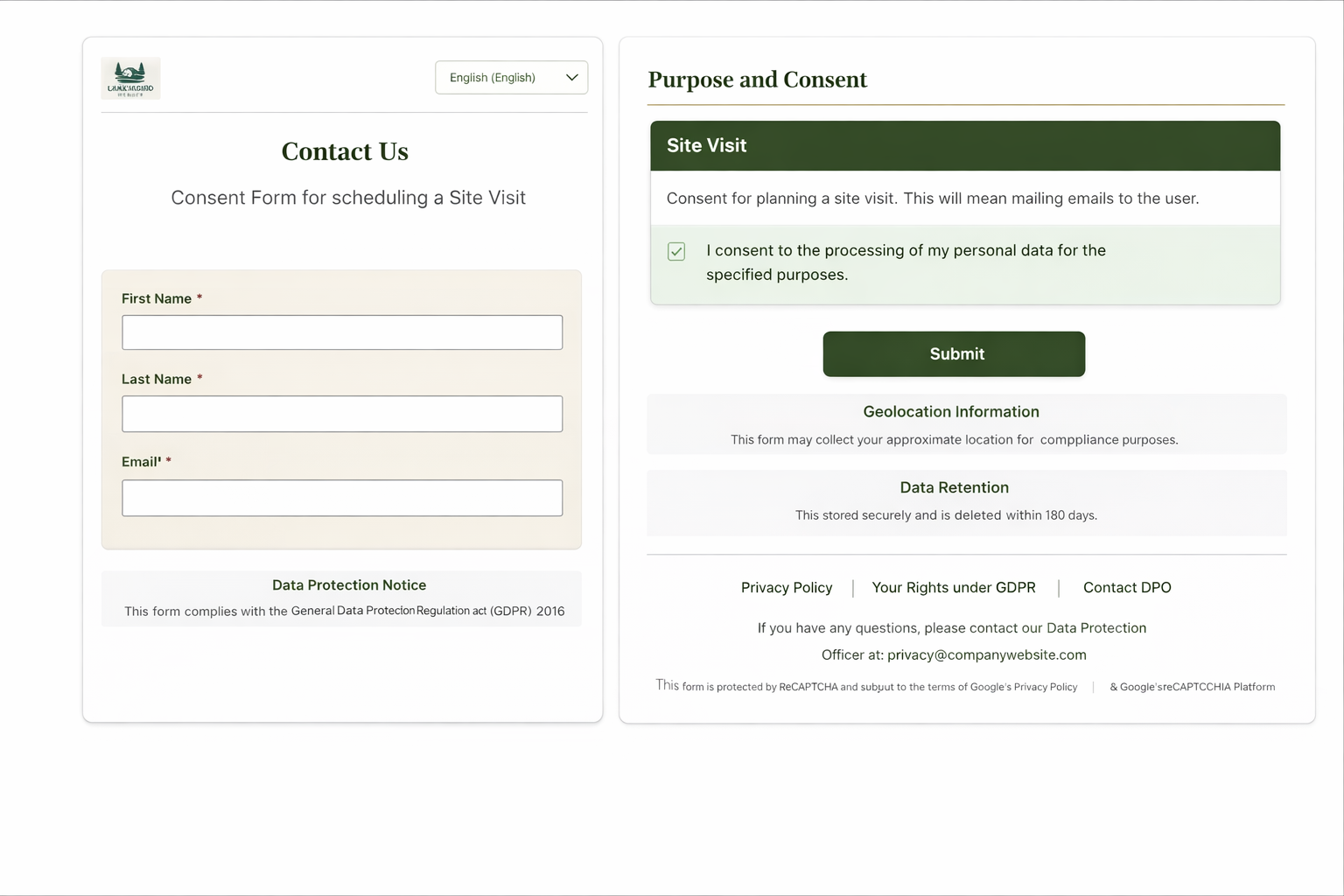 Web form with data protection notice and purpose-based consent choices