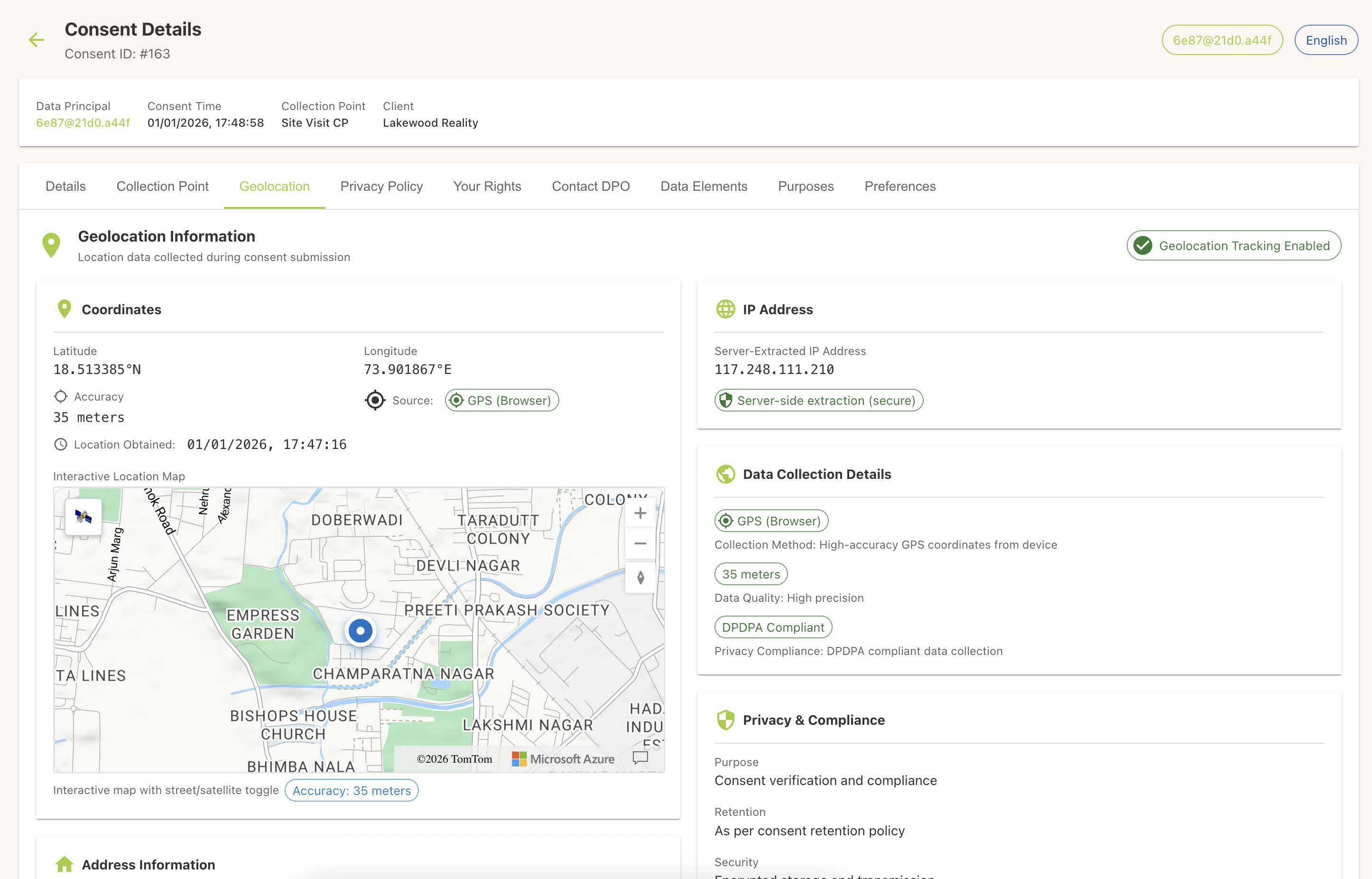 Consent management screen showing consent records